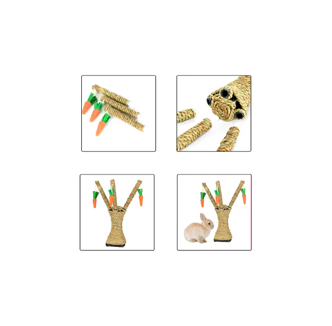 Engaging cat tree scratching post with sisal rope & dangling carrot toys, promotes healthy clawing.