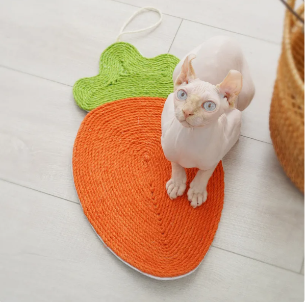 Cat scratching mat with fun fruit designs, perfect for claw health & furniture protection.