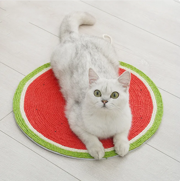 Assorted fruit design cat scratching mats: watermelon & carrot, for active cats & claw care.