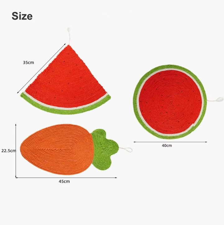 Happy cat scratching on a vibrant fruit design mat, promoting claw health & protecting home furniture.