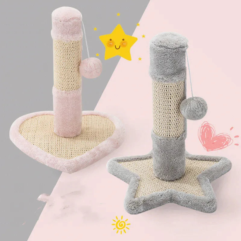 Stylish cat scratching post with heart or star design, sisal surface, and playful hanging toys.