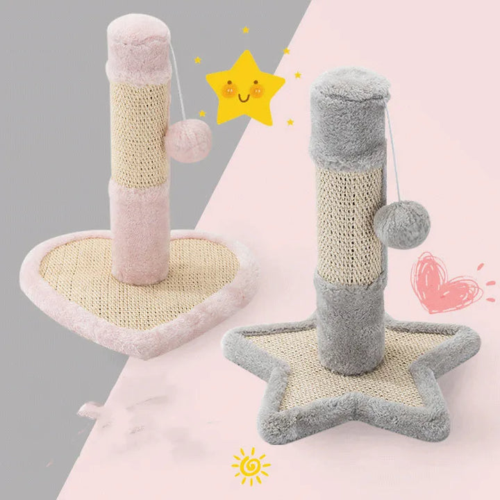 Stylish cat scratching post with heart or star design, sisal surface, and playful hanging toys.