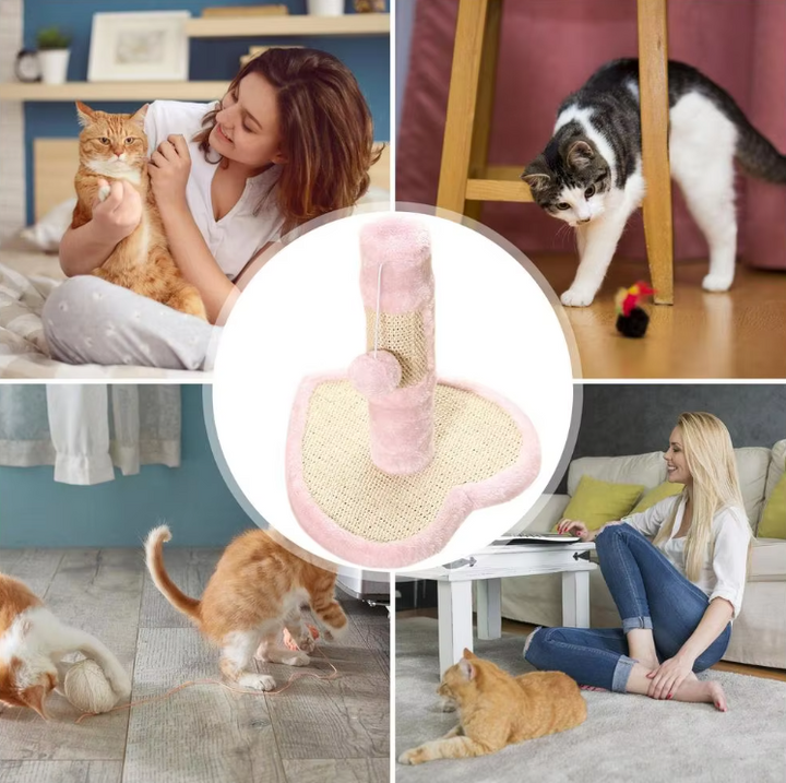 Elegant cat scratching post featuring a charming heart design and fun feather toys for indoor cats.