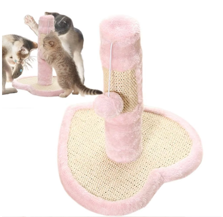 Sisal cat scratcher with a sturdy base, star design, and interactive play toys for feline entertainment.