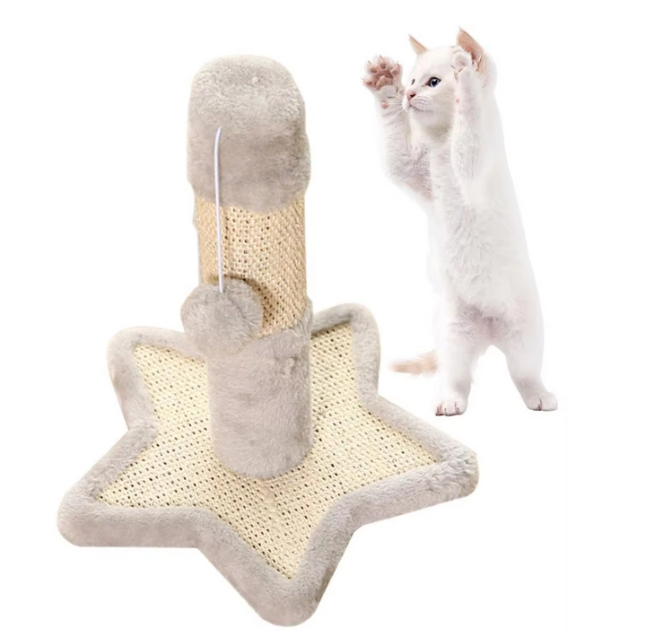 Indoor cat scratching post, pet furniture with heart design base, sisal rope, and attached play toys.