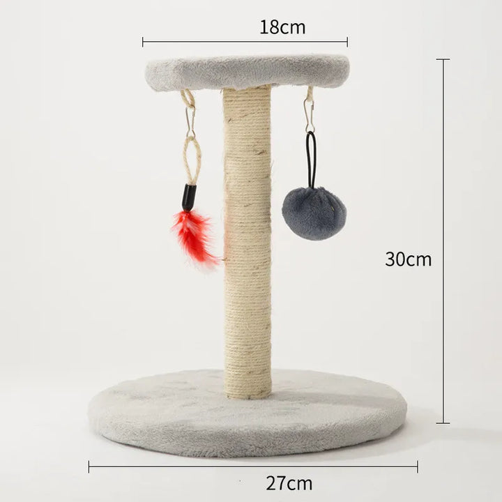 Interactive cat scratching post with sisal rope, star design, and dangling toys to encourage pet play.