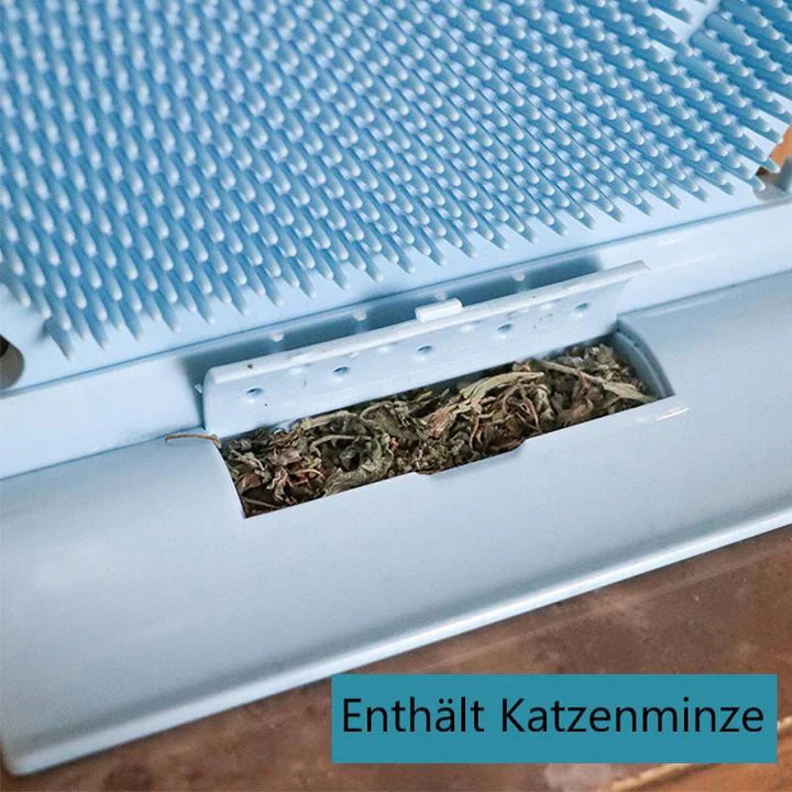 Enriching cat comfort station: self-groomer, scratcher, and massage board. Promotes feline wellness & self-care.