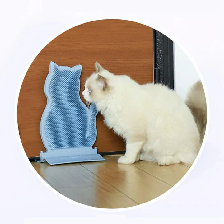 Interactive cat self-grooming station with massaging bristles & sturdy scratch pad for paw & claw health.