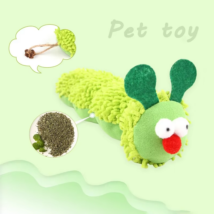 Catnip-infused plush caterpillar cat toy for interactive feline entertainment and playful kittens.