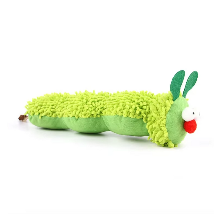 Premium plush green caterpillar cat toy, infused with catnip for joyful feline interactive play.