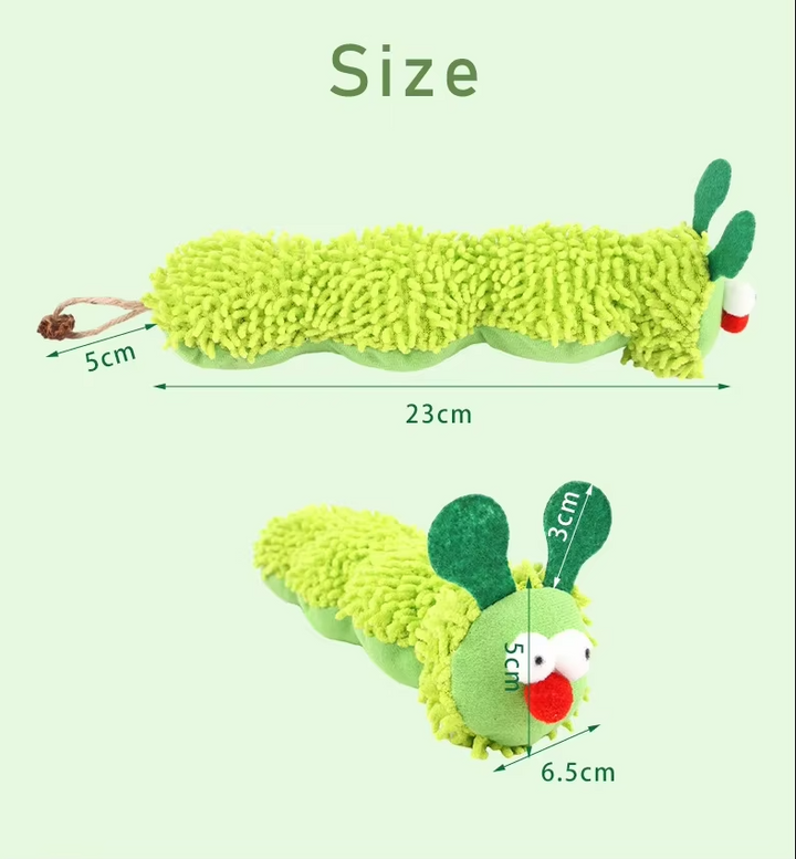 Soft green plush caterpillar cat toy, catnip-infused for stimulating feline playtime.