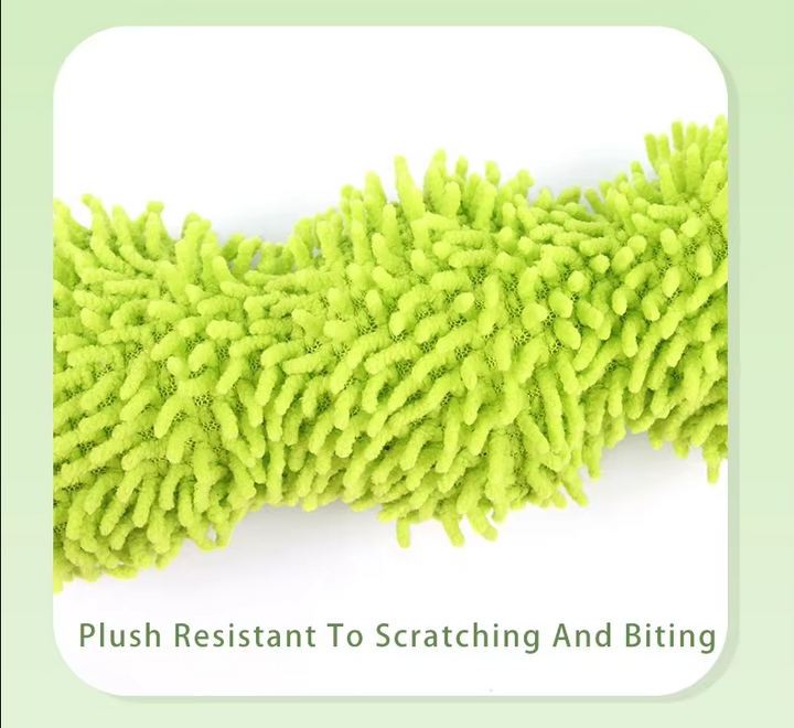 Long plush green caterpillar cat toy with potent catnip, ideal for active pet play.