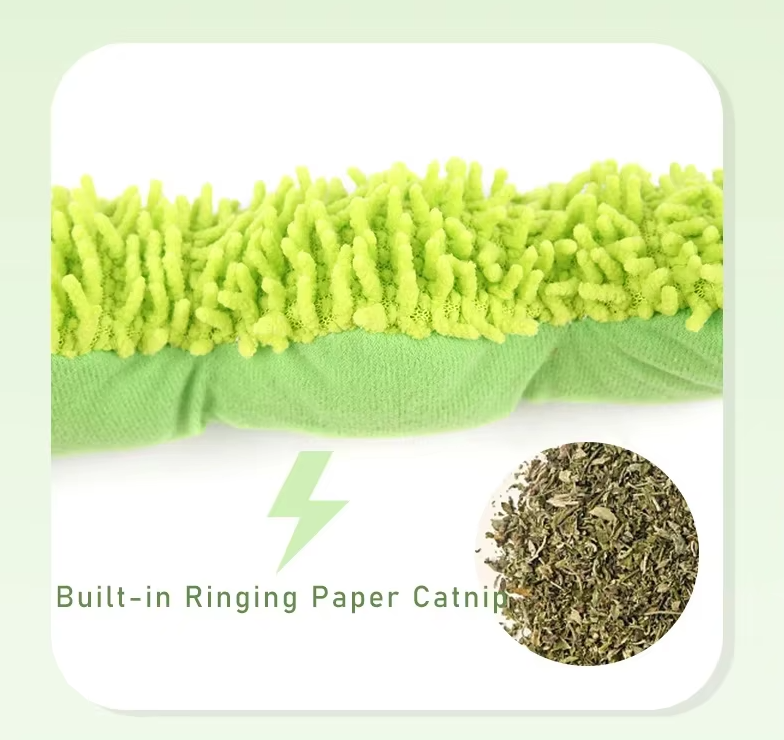 Gentle soft plush caterpillar cat toy, catnip-filled for safe and engaging feline fun.