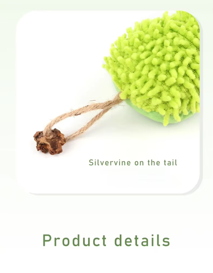 Interactive cat toy: a green plush caterpillar infused with catnip for stimulating feline play.