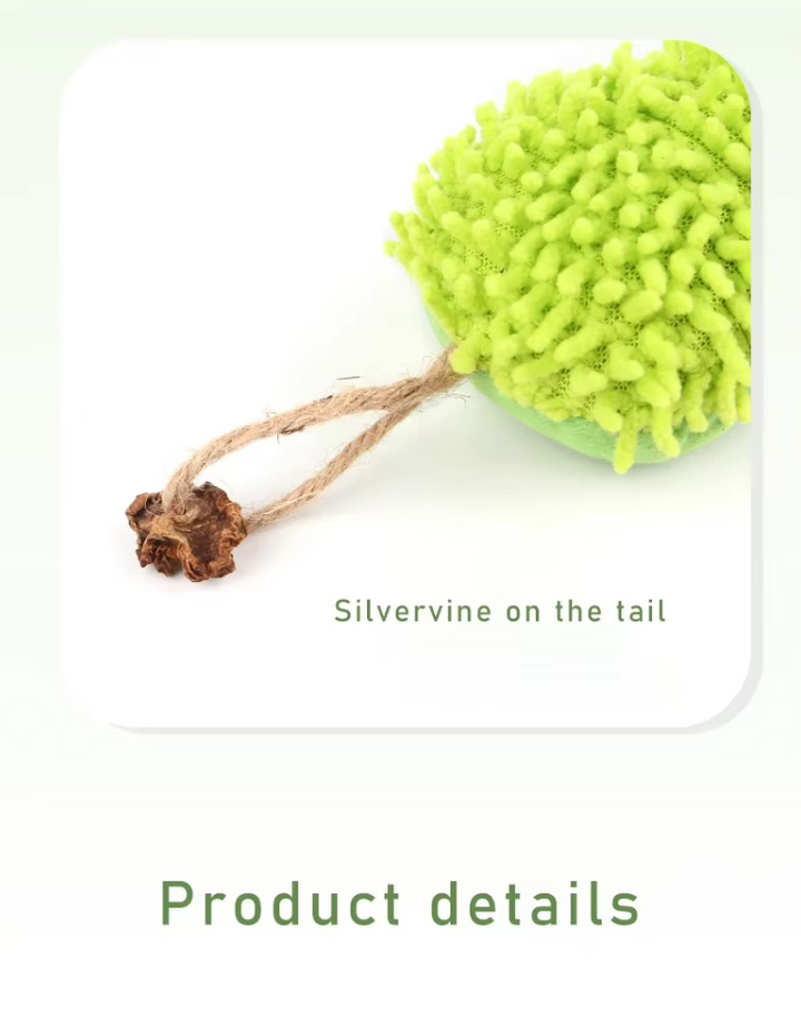 Interactive cat toy: a green plush caterpillar infused with catnip for stimulating feline play.