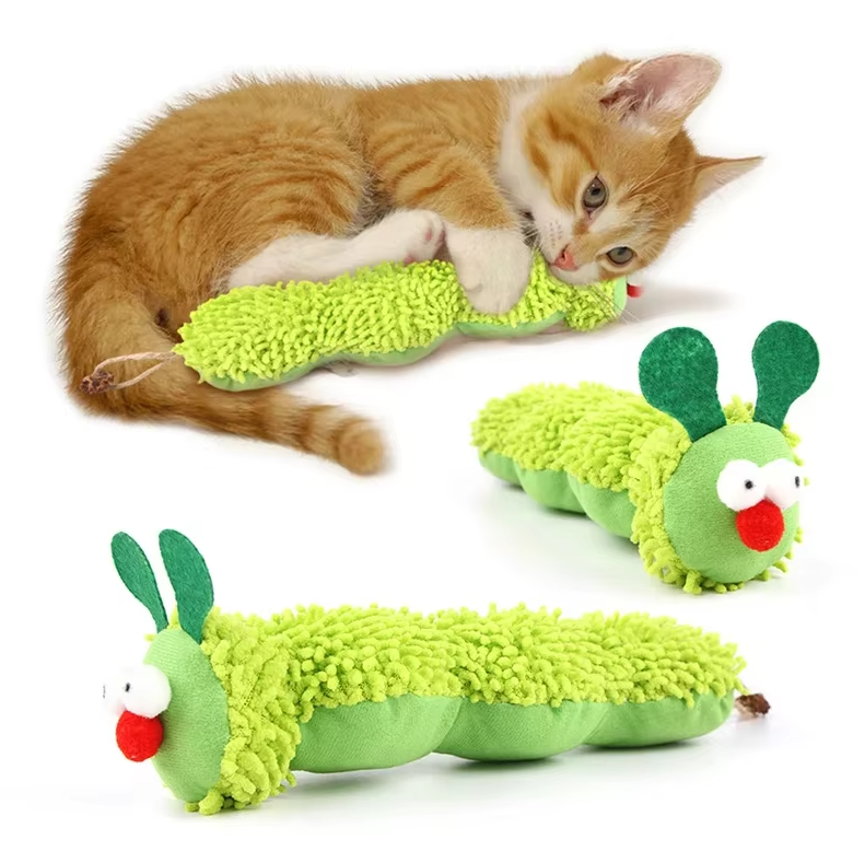 Catnip-scented plush caterpillar toy, designed for stimulating and entertaining cats and kittens.