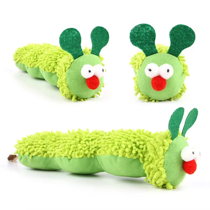 Green plush caterpillar cat toy, catnip-infused for engaging feline entertainment.