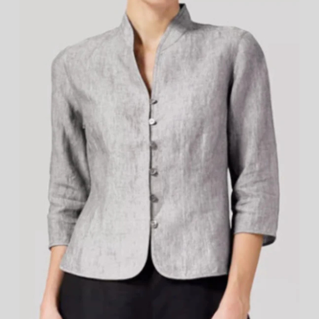 Chambray women's stand-collar 3/4 sleeve blouse with button-front, perfect for casual chic workwear.
