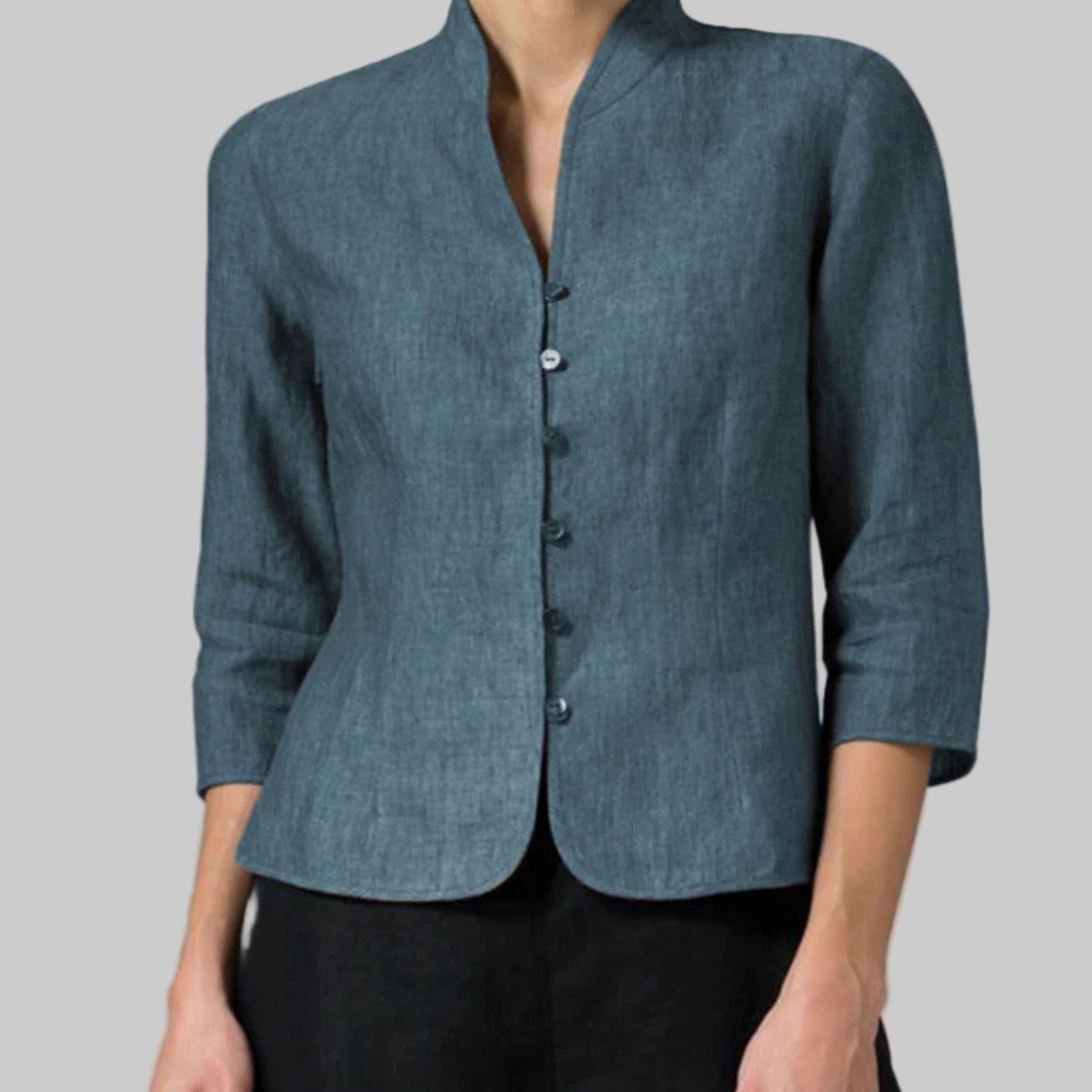 New women's button-front chambray blouse with a stylish stand collar and comfortable 3/4 sleeves.