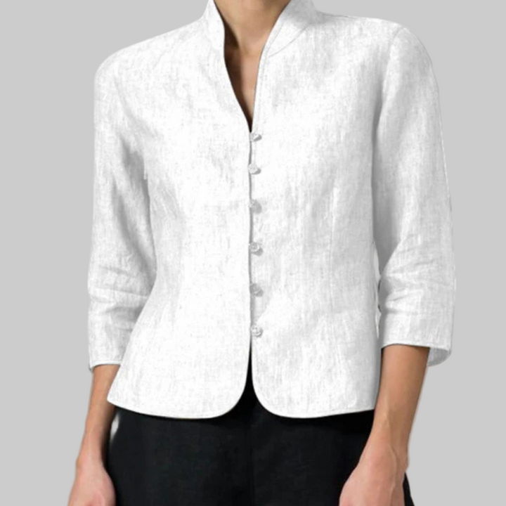 Casual chic women's top: chambray 3/4 sleeve blouse with stand collar, great for everyday or office.