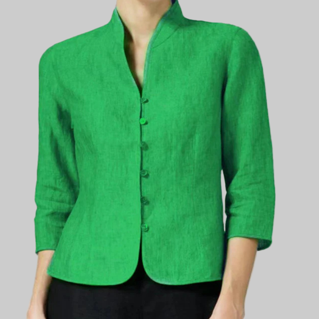 Elegant women's stand-collar 3/4 sleeve chambray blouse, a versatile addition to any wardrobe.