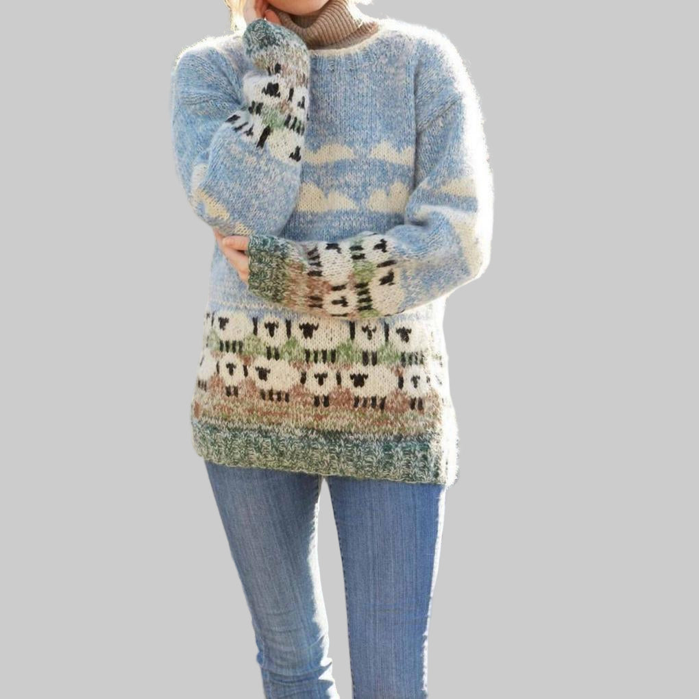Charming women's sheep knit pullover sweater, cozy long-sleeve round-neck, ideal for casual winter fashion