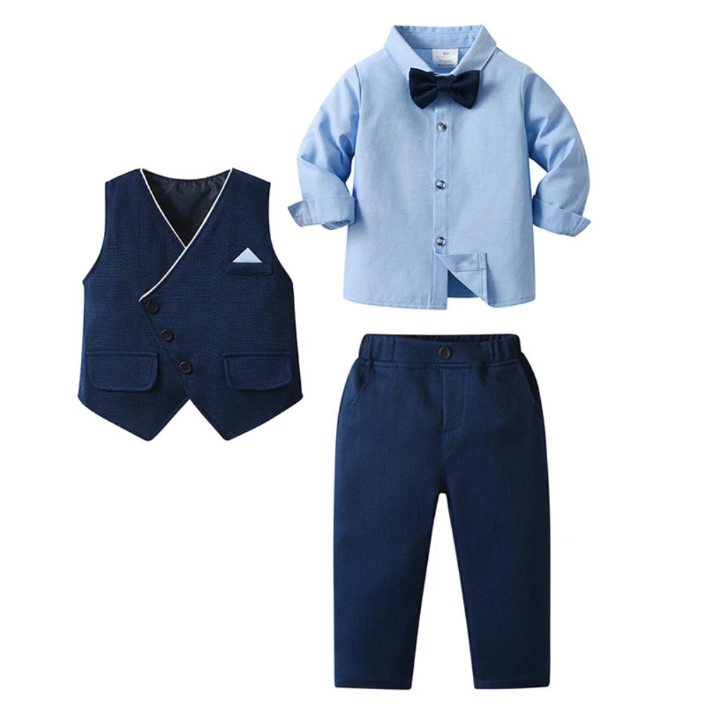 Chic boys' 3-piece formal suit: blue shirt, waistcoat, trousers & bow tie for weddings/parties.