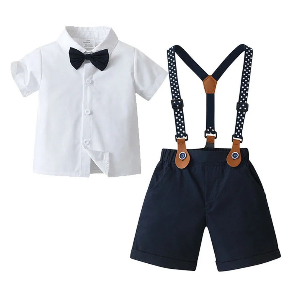 Modern boys' wedding suit: blue 3-piece outfit with bow tie, waistcoat & trousers.