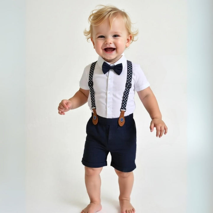Kids' special occasion outfit: blue 3-piece formal suit with bow tie & waistcoat.