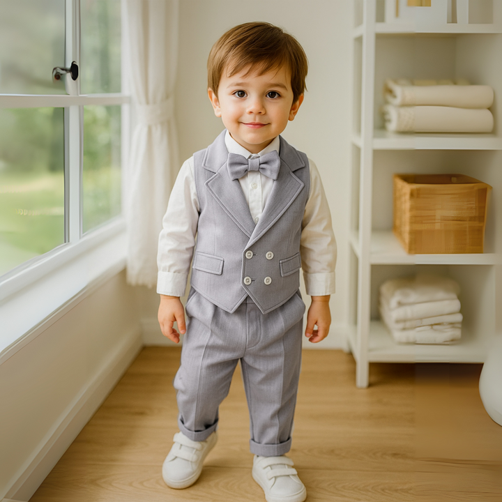 Blue 3-piece boys' formal suit with waistcoat, trousers, shirt, and a chic bow tie.