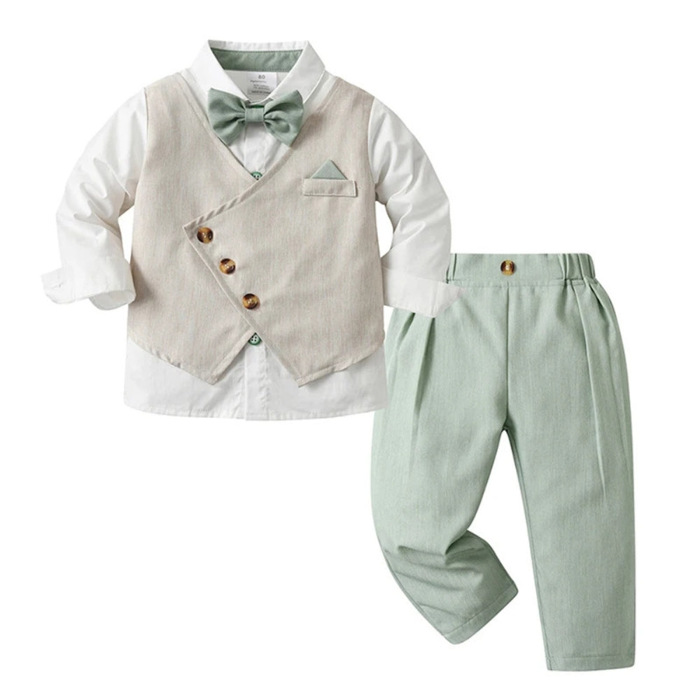 Boys' elegant blue formal suit: 3-piece set with waistcoat, trousers, shirt, bow tie for weddings.