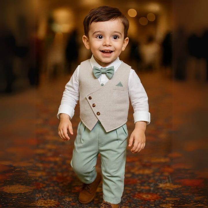 Stylish kids' formal wear: blue 3-piece suit, waistcoat, trousers, shirt & bow tie.