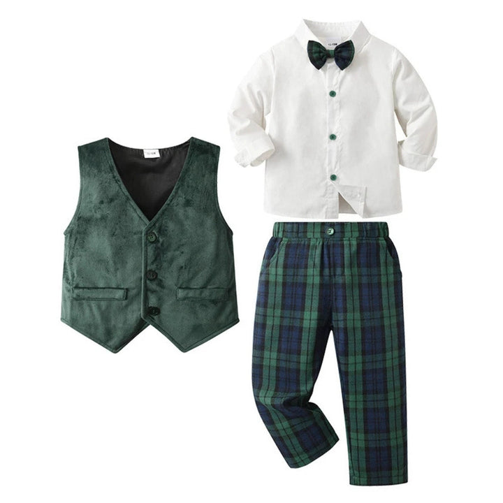 Boys' special event outfit: blue 3-piece suit with waistcoat, trousers, blue shirt & bow tie.