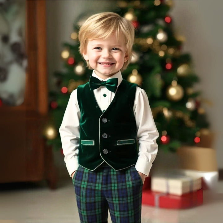 Chic toddler boy's 3-piece suit: blue shirt, waistcoat, trousers & bow tie for formal events.