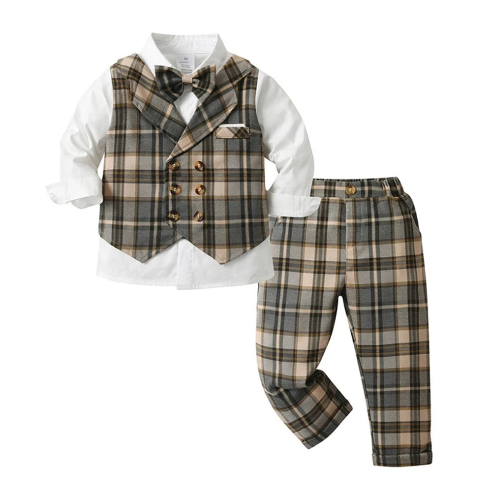 Gentleman's blue 3-piece suit for boys: formal waistcoat, trousers, shirt & bow tie.