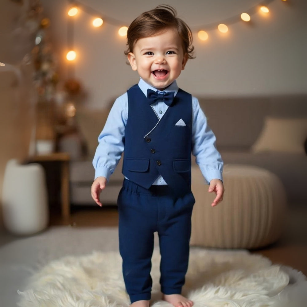 Elegant boys' formal wear: 3-piece blue suit with bow tie for special occasions & events.