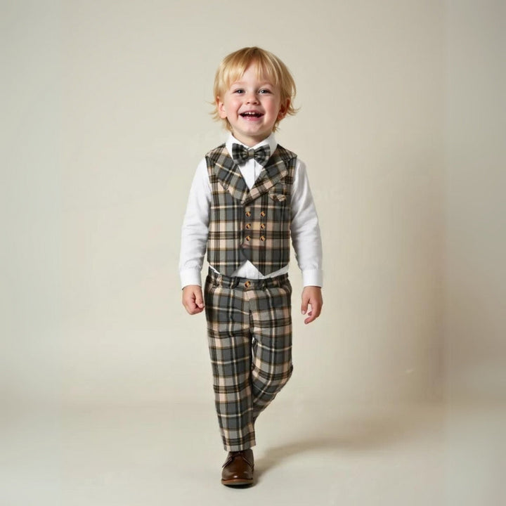 Boys' formal blue suit: 3-piece set including waistcoat, trousers, shirt, and bow tie.