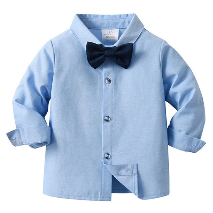 Kids' gentleman outfit: blue 3-piece suit with waistcoat, trousers, shirt & bow tie.