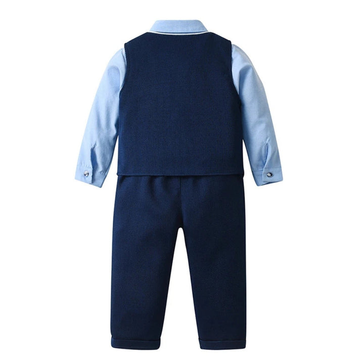 Boys' blue 3-piece suit: formal waistcoat, trousers, blue shirt & matching bow tie.