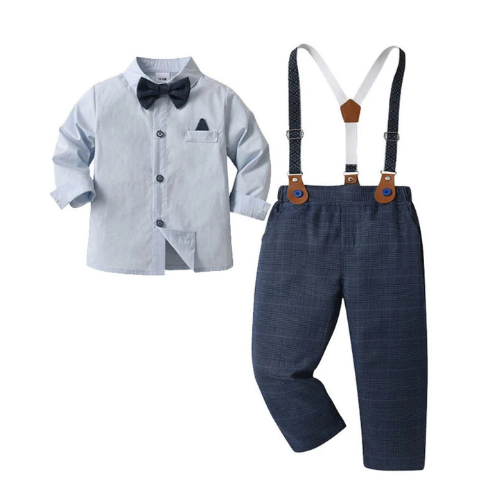 Stylish boys' outfit: blue formal suit with waistcoat, trousers, blue shirt & bow tie for kids.