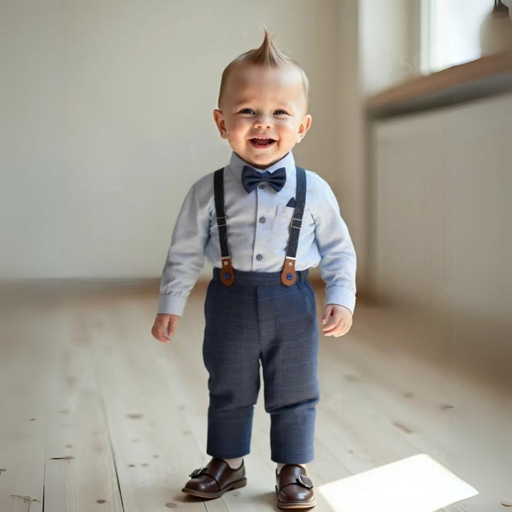 Gentleman boys' suit: blue 3-piece set with formal waistcoat, trousers, shirt & bow tie.