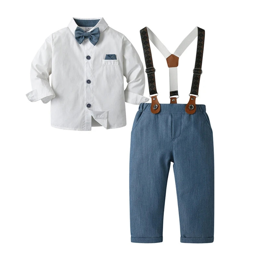 Chic boys' dress suit: blue shirt, waistcoat, trousers, and bow tie, ideal for formal events.