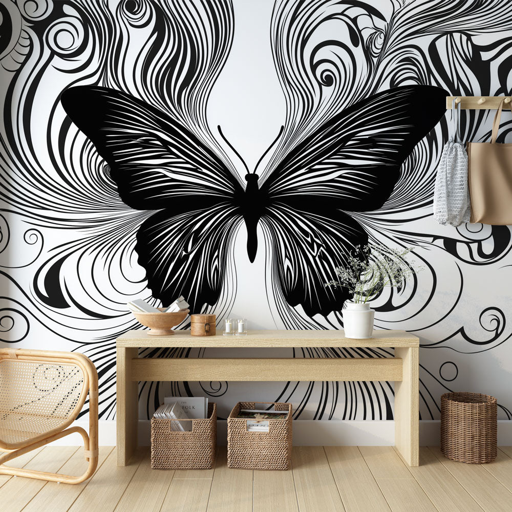 Chic monochrome butterfly wall mural, black & white peel & stick wallpaper, elegant modern design for home decor.