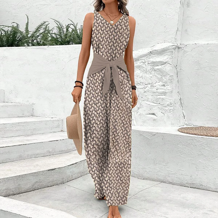 Chic women's brown V-neck jumpsuit with adjustable waist, perfect for elegant casual summer fashion.