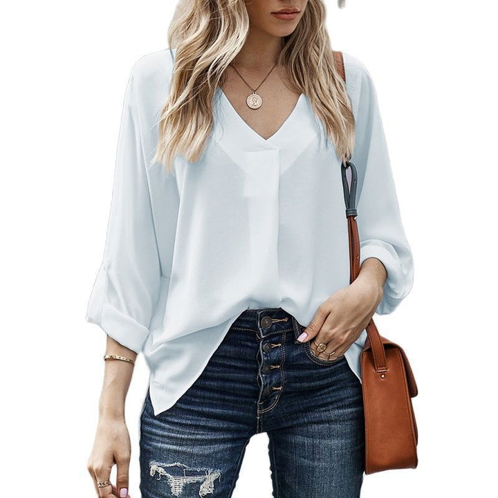 Versatile women's V-neck blouse, great for office wear or a relaxed weekend top. Comfortable and elegant spring fashion.