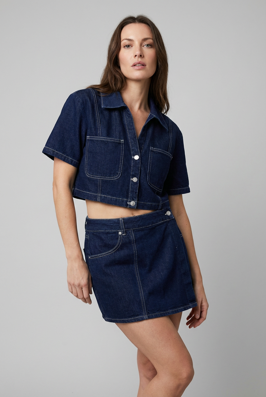 Chic women's cropped shirt and mini skirt co-ord set, perfect for stylish summer and festival fashion.