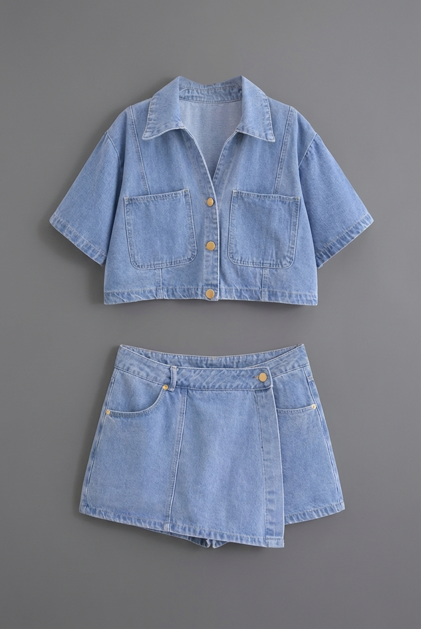 Casual yet chic women's cropped shirt and mini skirt matching set, a versatile summer fashion choice.