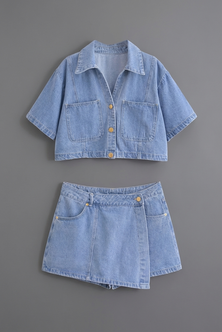 Casual yet chic women's cropped shirt and mini skirt matching set, a versatile summer fashion choice.