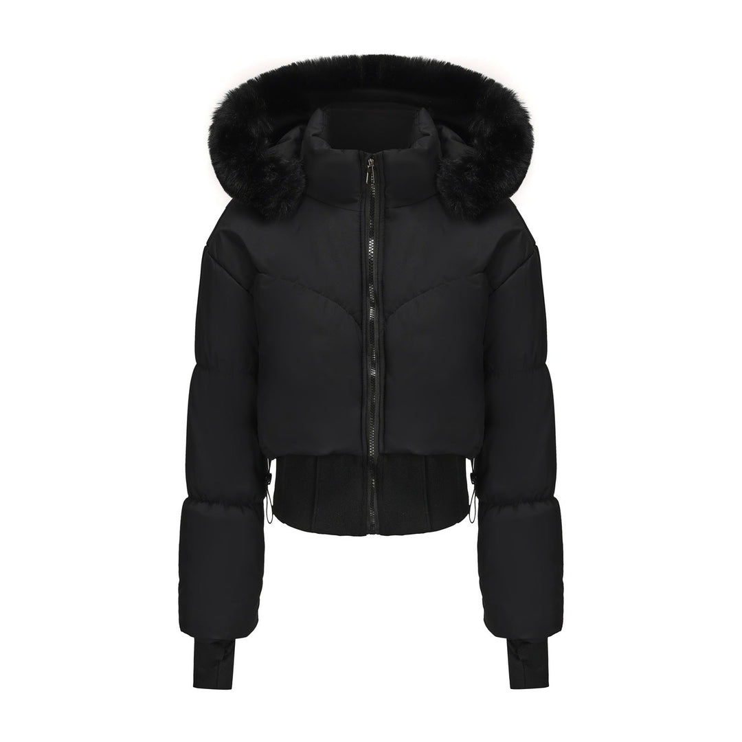 Stylish women's cropped winter coat with a removable faux fur hood, ideal for modern, warm outerwear.