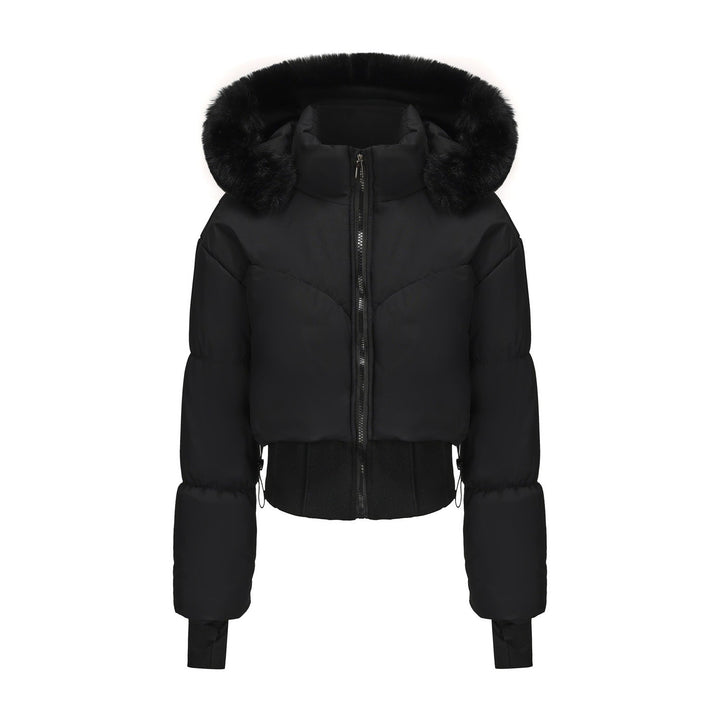 Stylish women's cropped winter coat with a removable faux fur hood, ideal for modern, warm outerwear.